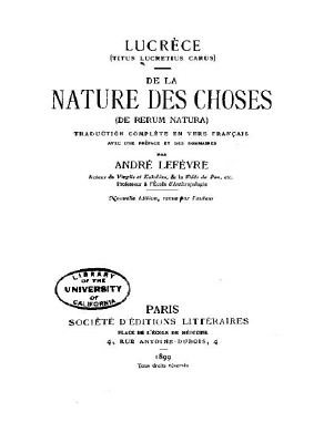 Couverture de Lucrèce - De la nature des choses (Trad. Lefèvre)